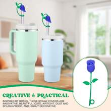 Straw Toppers For  Cup, Cute Straw Cover Cap Compatible With 20 30 40 Oz Tumbler And Water Bottles, 6 8 10mm Straws Accessories, 2Pcs Silicone Rose Flower For Women Girls Friends Gift (Pink)