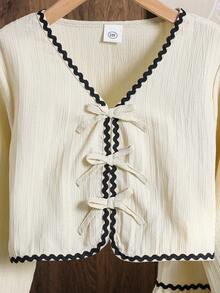 Left Mama Elegant Bowknot Decor Long Sleeve Top & Skirt Set, Casual Spring & Autumn Outfit For Tween Girls - Beige - View 5