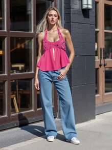 Women Sleeveless Halter Tops Summer Split Hem Tie Up Backless Sequin Embroidery Shirts For Streetwear