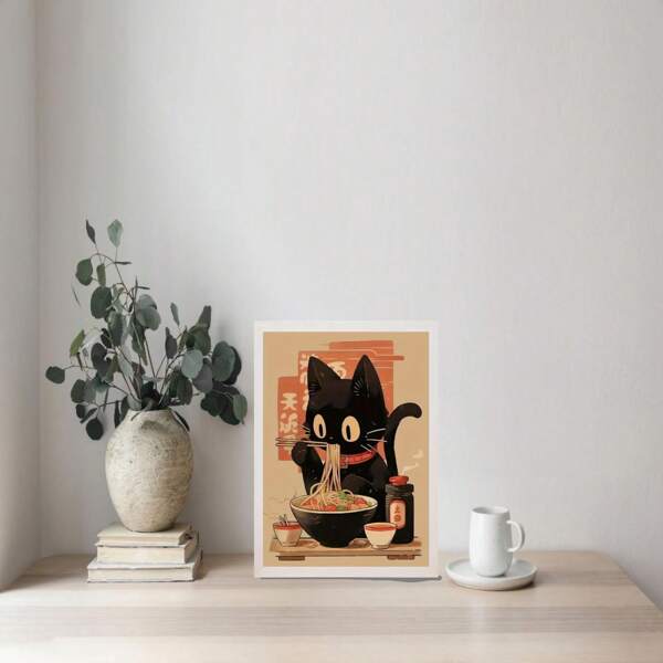 1pc Interesting Cat Ramen Noodle Illustration Art Print Poster, Canvas Material, Animal Theme Art Suitable For Desk Decor, Home Office And Living Space Wall Decoration