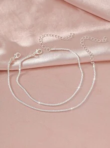 2pcs Simple Fashionable Silver Rhinestone Anklet, Suitable For Women Wearing To Beach, Daily Wear, Summer Jewelry, Best Gift For Girlfriend