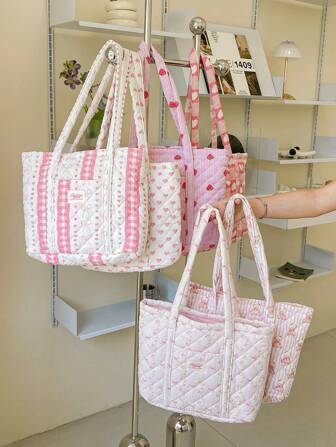 1 pezzo Borsa shopper da donna in tessuto trapuntato rosa con fiocco, elegante e carina, con ciondolo in perle finte, grande capacità, adatta per vacanze, shopping, college, uscite, spiaggia, estate, ideale per studenti universitari e ragazze, grande capienza, portatile