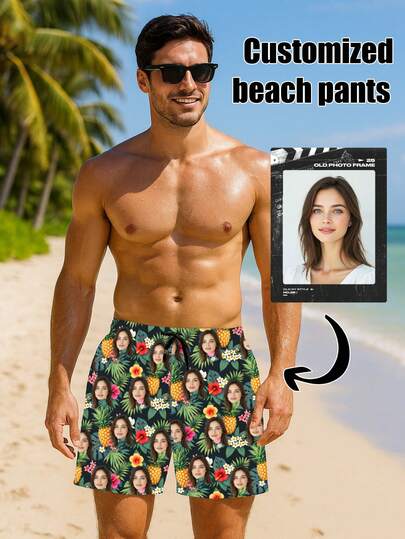 Customized Hawaiian Beach Shorts For Men, Featuring Interesting Designs Such As Portraits, Family Members, Pets, Cartoons, And Holiday Themes, Great Gift For Men