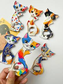 1pc Charming Cat Shaped Colorful Y2K Style Embossed Gold Foil 2-In-1 Fridge Magnet Bottle Opener, Suitable For Home Decor, Daily Use And Holiday Gift