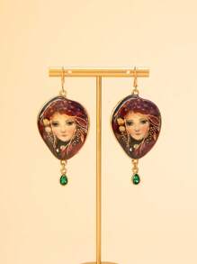 1pc Necklace + 1 Pair Earrings, Featuring The Mysterious Oriental Design And Energetic European & American Fashion. The Necklace Is Designed With Artistic Portrait Engravings, Peacock Feathers, Colorful Glass Beads, And Gemstone Tassels. The Earrings Recreate The Same Luxurious Middle Eastern Palace Style And Unique Street Personalized.