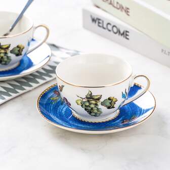 1 Set Colorful Fruit Pattern Exquisite Cup & Saucer Set, 200ml, 1 Cup & Saucer, 1 Tea Spoon (Grape Harvest), Fresh Summer Sweet Fruit Pattern Dinnerware Set For Afternoon Tea, Coffee, Milk, Juice, Suitable For Gifts, Birthday, Christmas, Home, Restaurant, Christmas