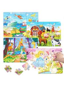 4-in-1 Lernpuzzle für Kinder von 3-6 Jahren - Themen Dinosaurier, Bauernhof, Prinzessin und Transport. Jeder Set enthält 1 Puzzle (24 Teile) und 1 Anleitung, entwickelt um die Neugier und Konzentration von Kindern mit einfachen Szenenillustrationen zu fördern. - Verschiedenfarbig - Übersicht 3
