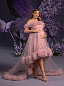 Faeriesty Dressalisa Elegant Plus 孕妇露肩孕妇礼服，3D 荷叶边和层叠下摆 - 适合婚礼、庆典、拍照的正式夏季礼服
