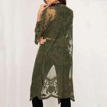 Women Long Flowy Lace Casual Beachwear Mesh Duster Kimono Cardigan, Solid Color 3/4 Sleeve See-Through Crochet Embroidery Flower Swim Cover-Up - Màu xanh lá cây đậm - Xem 2