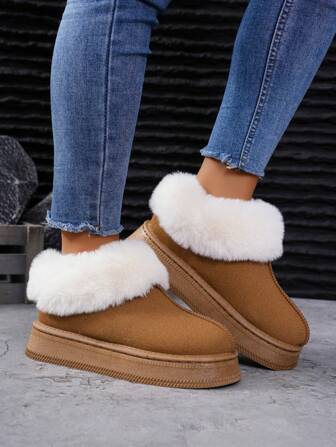 Chestnut Thermal Lined Snow Boots For Women, 2024/2025 New Arrival Fashionable Warm Winter Mid-Calf Fuzzy Booties