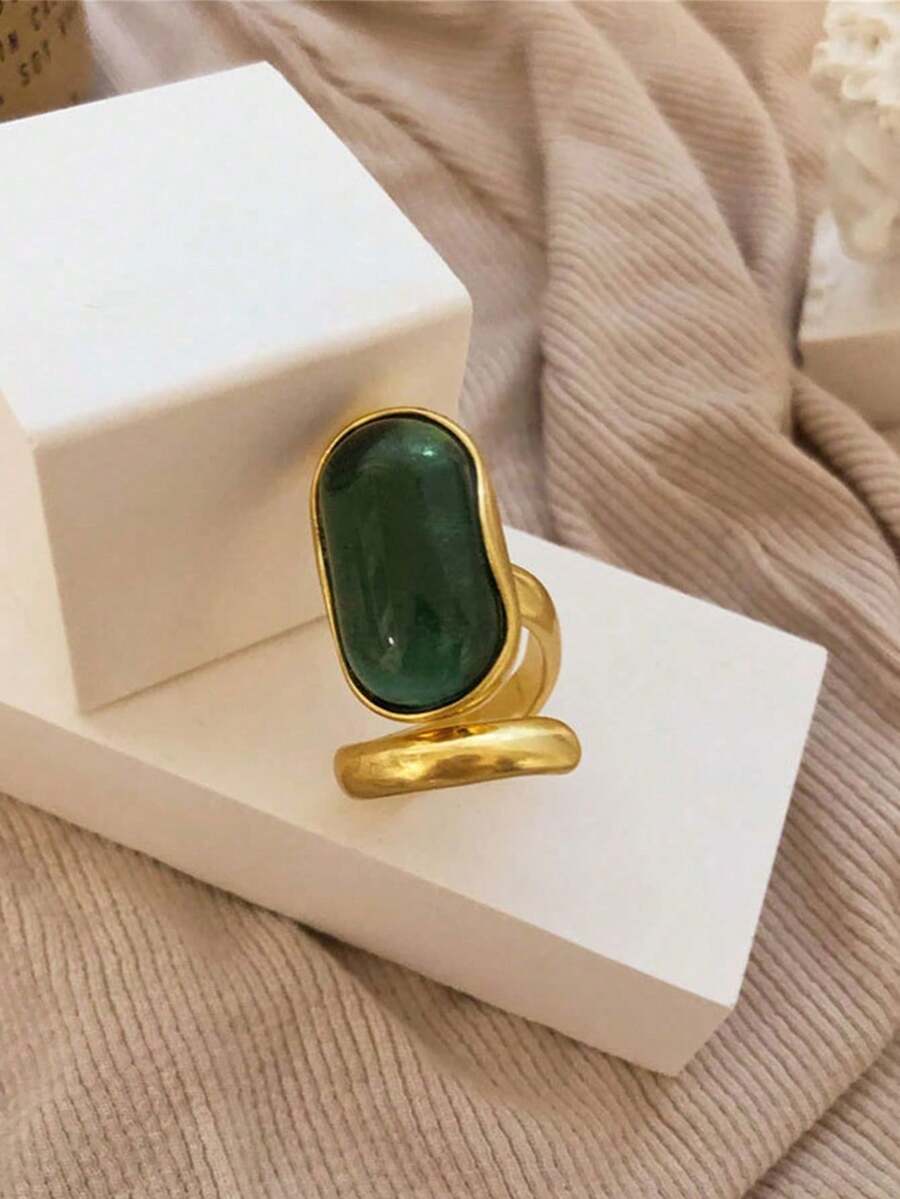 1pc Fashionable Green Cubic Zirconia Inlaid Rectangular Open Adjustable Ring, Versatile & Suitable For Women Daily, Party, Travel Wear - Green - View 1