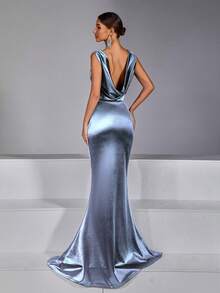 1pc Solid Color Elegant Backless Bodycon Dress With Side Zipper, Suitable For Valentine's Day Party - Dusty Blue - View 3