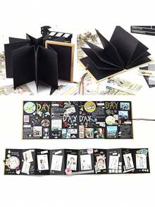 Scrapbook Albums Hardcover Photo Albums With DIY Accessories Set, Stretchable Folding Adventure Book, Kraft Paper Photos Collection Memory Book For Wedding Anniversary Valentine's Day Christmas School Supplies, Back To School - Black - View 5
