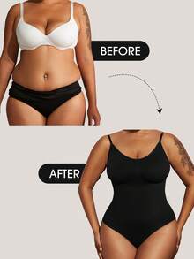 1 件女士加大码无缝提臀紧身衣，塑身衣收腹丁字裤，夏季 - 黑色 - 查看 5