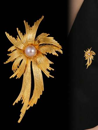1pc Vintage Elegant Faux Pearl Firework Bow Brooch, Fashion Personalized Retro Wheat Ear Collar Clip Accessory Backpack For School