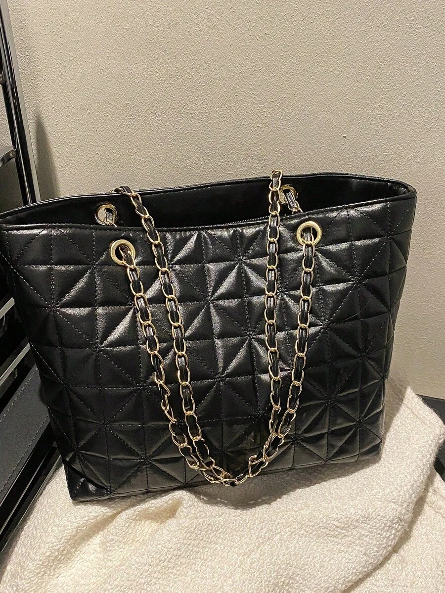 Black PU Leather Fashionable Minimalist Style Large Capacity Diamond Pattern Metal Chain Zipper Shoulder Tote Bag, Suitable For Women's Daily Commute, Travel, Vacation, Party, Gathering With Friends, Girlfriend Birthday Gift, Girlfriend Valentine's Day Gift, Women's Work Bag - Black - View 1