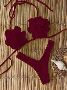 Bộ bikini Polovedo chính hãng mới về mùa Xuân/Hè, gợi cảm, thanh lịch, màu đỏ tía, họa tiết hoa, thích hợp cho nữ, đi biển, nghỉ mát, hẹn hò. - Màu Đỏ Sâu - Xem 1