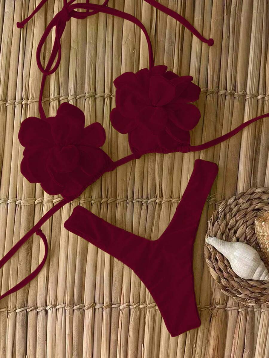 Bộ bikini Polovedo chính hãng mới về mùa Xuân/Hè, gợi cảm, thanh lịch, màu đỏ tía, họa tiết hoa, thích hợp cho nữ, đi biển, nghỉ mát, hẹn hò. - Màu Đỏ Sâu - Xem 1