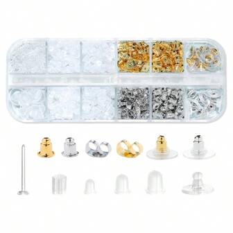 600pcs Ear Stud Earrings,12 Styles Of Transparent Plastic Earrings, Anti-Allergy Metal Rubber Silicone Earring Back, Bullet Clutch Plug Replacement Kit, Suitable For Fishhook Earrings, Ear Stud Bands