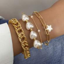 Set de 4 piezas de pulseras de mujer con encantos de corazón y estrella, acento de perla sintética, cadena gruesa de eslabones - Joyería de aleación versátil y elegante para fiestas, de múltiples capas
