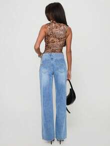 High-Waisted Rivet & Rhinestone Decor Skinny Black Jeans For Women, Slimming Straight-Leg Denim Pants - Light Wash - View 5