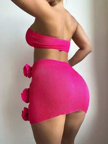 SweatyRocks Women's 3 Piece Bathing Suit Floral Design Strapless High Cut Bikini With Cover Up Skirts Swimsuit - Pink - View 8