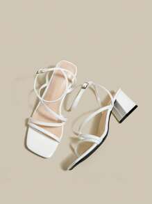 Women's Patent Leather White High Heel Sandals With Criss Cross Strappy Open Toe Chunky Heels, Lace Up Strap Sandals For Summer