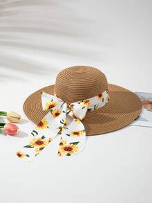 1 Women's Bohemian Style Vacation Hat + 1 Bag Set - Khaki Hat With Yellow Ribbon - View 4