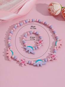 1 colar + 1 pulseira com lindos desenhos de dinossauro e estrela do mar, conjunto de joias com contas de madeira, adequado para uso diário, presente de aniversário