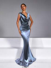 1pc Solid Color Elegant Backless Bodycon Dress With Side Zipper, Suitable For Valentine's Day Party - Dusty Blue - View 7