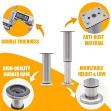 4 Pcs Adjustable Height Bed Support Legs For Bed Frame/Bed Center Slat, Metal Adjustable Furniture Legs 3-16.5 Inch For Bed/Sofa/Cabinet/Couch/Dresser/Table/Chair, Heavy Bed Replacement Legs