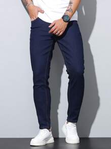 1 pieza Jeans de ajuste ceñido y elástico para hombres, pantalones casuales estilo coreano ajustados