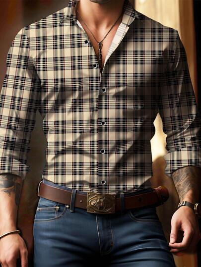Men's Luxury Plaid Pattern Classic Scottish Tartan Long Sleeve Single-Breasted Lapel Shirt, Versatile For Casual Occasions, Best Gift For Father