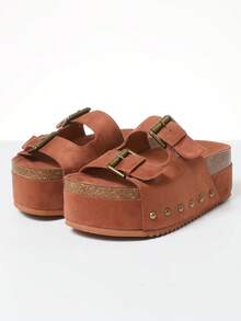 Women's Cork Platform Sandals Fashion Studded Adjustable Buckle Straps Slip On Thick Bottom Casual Wedges Clogs Slide Sandals Woman - Brown - View 5