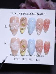 Multiple Color 3D Hand Carved Flowers Pattern 100% Handmade Press On Nails 10Pcs Almond French Style Nail Art Design Manual Nails With Star Water Ripple Nail Decoration Reusable False Nail Tips Diy Nail Products For Four Seasons Nail Supplies Nails - Multicolor - View 2