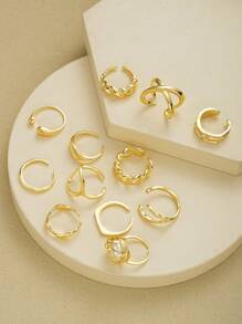12pcs Exaggerated Luxurious Hollow Pearl Design Gold-Color Ring Set, For Ladies Everyday, Party, Wedding Wear, Fashion Jewelry Gift For Girlfriends