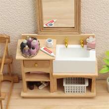 1pc 1:12 Doll House Bathroom Furniture Model, Wooden Vanity Sink + Cosmetic Set, Toys DIY Miniature Kit, Wooden Adult Furniture For Dollhouse, Miniature House Decor Accessories, Doll House Playset