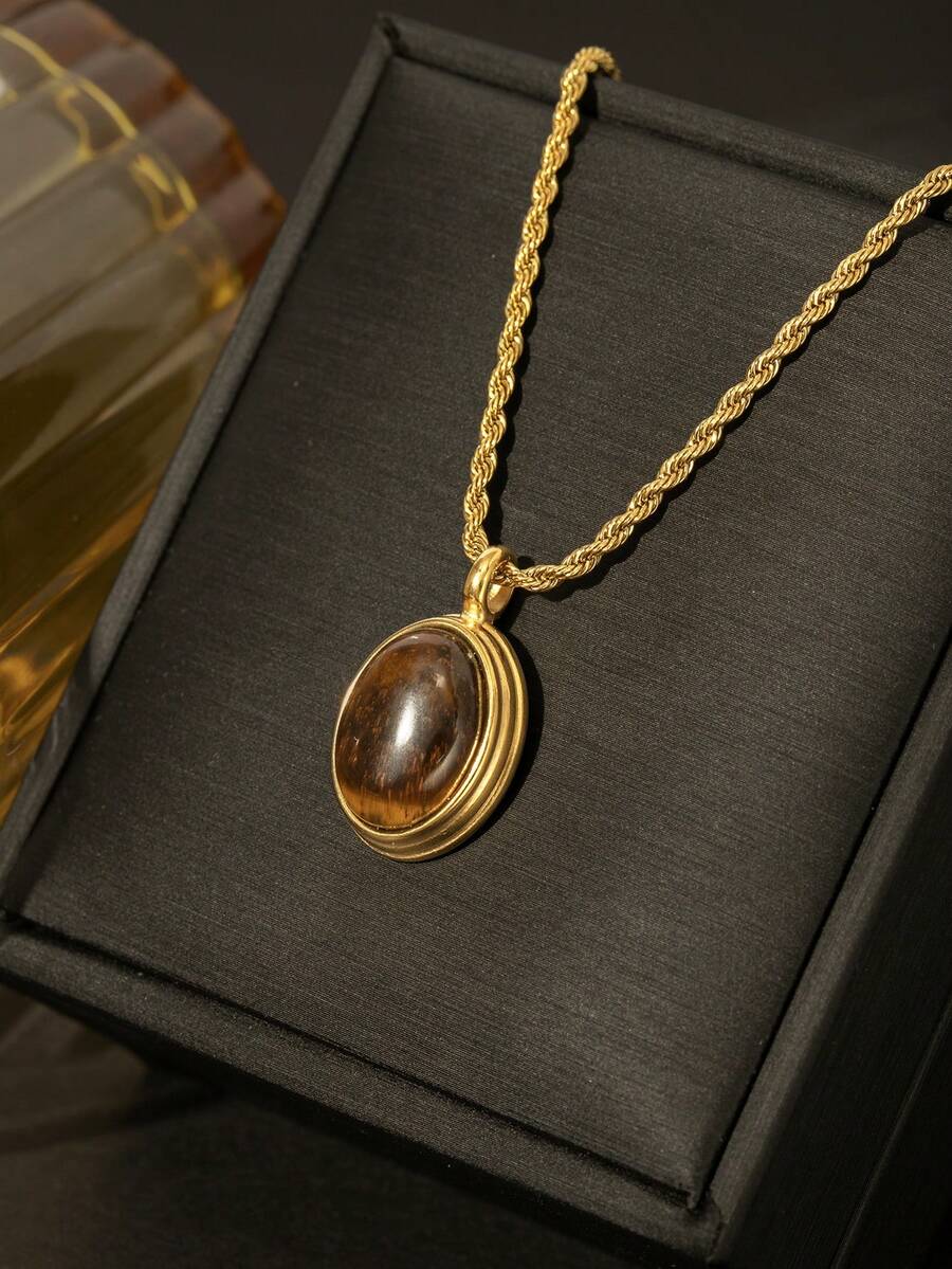 1 件复古椭圆形棕色宝石吊坠项链，18K 镀金不锈钢，时尚日常佩戴，圣诞节、新年、情人节送给男士的精美礼物 - 棕色 - 查看 1
