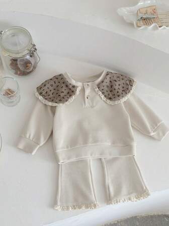 2 件套女婴甜美碎花长袖运动衫 + 裤子，春秋装