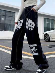 Women's Fashionable Wide Leg Elastic Waist Jeans, Versatile Street Style Denim Pants
