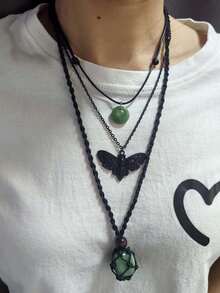 3pcs Gothic Style Moth Skeleton Head Adjustable Stone/Rock, Natural Stone Black Mesh Net Woven Necklace, Adjustable Jade-Like Green Amulet Pendant Necklace Set, Unisex
