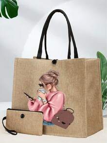 2 件印花手提袋、印花手提袋套装、轻便大容量手提袋、可重复使用的粗麻布购物袋、带化妆包的便携式旅行沙滩包、生日礼物、教师节、护士节、生日、周年纪念、最佳礼物 - 卡其色 - 查看 3