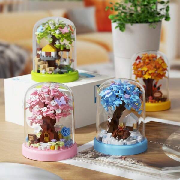 305 piezas Bloques de construcción con forma de árbol de cerezo, modelo de árbol de cerezo, bloques de construcción de partículas pequeñas con cubierta transparente y base, juguetes de rompecabezas de ocio, regalos de cumpleaños