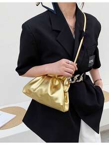 优雅褶皱时尚百搭简约休闲女士单肩包 - 金色 - 查看 2