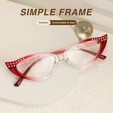 1pc Fashion Cat Eye Small Frame Reading Glasses, Rhinestone Designed Stylish Personalized, Gradient Color Frame, High-End And Elegant Women Reading Glasses - Red - View 3