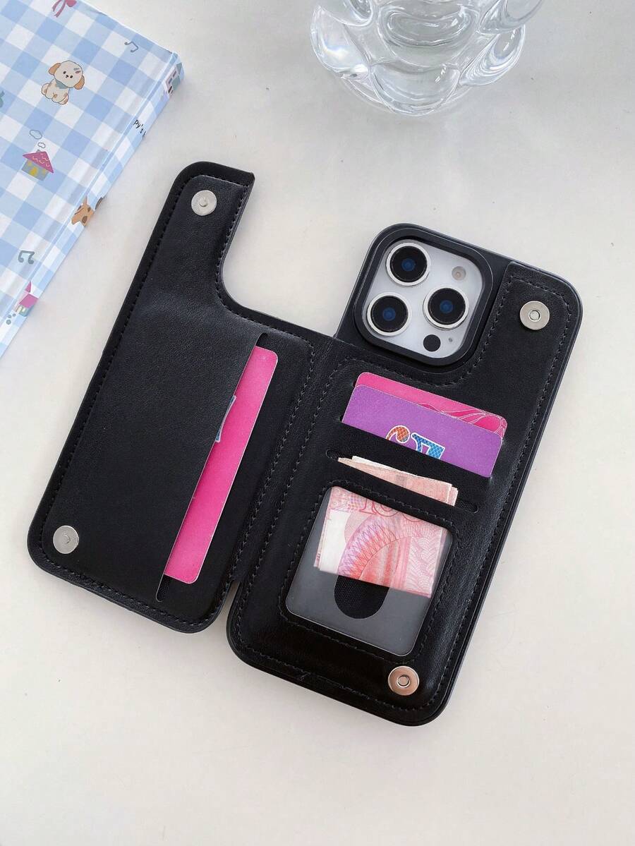 Luxury Durable Leather Wallet Phone Case Compatible With IPhone 16e 16 15 14 13 12 11 Pro Max SE X XR XS Max 8 7 6 6S Plus Compatible With Samsung Galaxy S25 S24 S23 S22 S21 S20 Ultra A13 A14 A15 A35 A53 A54 A55 S23 FE S24 FE Kickstand Credit Card Slots Holder Shockproof Phone Cover - 黑色 - 查看 1