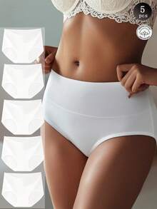 5pcs Solid High Waist Briefs - Seamless Cotton Underwear, Soft & Breathable - 白色 - 查看 1