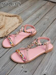 WRCVS Giày sandal nữ màu hồng, giày dệt kim kiểu dáng thường ngày, giày đi biển nhẹ, chống trơn trượt với họa tiết hoa ngẫu nhiên, giày đi nghỉ mát phong cách Bohemian đính hạt thủ công, giày ngoài trời kiểu retro, phong cách Boho, trang phục mùa xuân hè. - Hồng - Xem 6