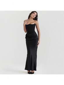 Slim Tube Top Long Dress Sexy Fashion Bandeau Backless Party Evening Dresses For Women Clothing - 黑色 - 查看 3