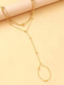 قطعة واحدة سلسلة معدنية متعددة الطبقات، باللون الذهبي، على طراز أوروبي وأمريكي، متصلة بحلقة للإصبع، تصميم راقي ونمطي ، سوار شاطئي للنساء